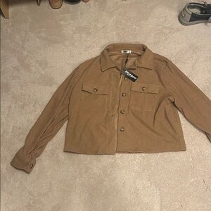 zeagoo Ribbed Cropped Button-Up Jacket in Camel Brown